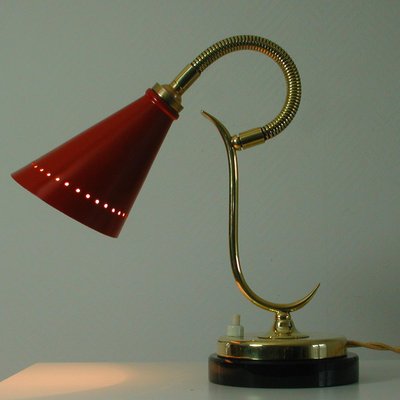 Mid-Century French Red Brass and Marble Gooseneck Table Lamp, 1950s-OE-897846