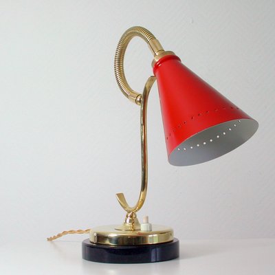 Mid-Century French Red Brass and Marble Gooseneck Table Lamp, 1950s-OE-897846