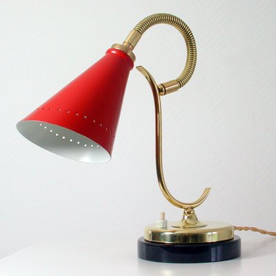 Mid-Century French Red Brass and Marble Gooseneck Table Lamp, 1950s-OE-897846