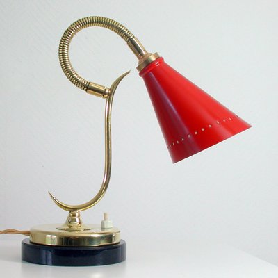 Mid-Century French Red Brass and Marble Gooseneck Table Lamp, 1950s-OE-897846