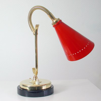 Mid-Century French Red Brass and Marble Gooseneck Table Lamp, 1950s-OE-897846