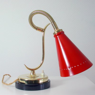 Mid-Century French Red Brass and Marble Gooseneck Table Lamp, 1950s-OE-897846