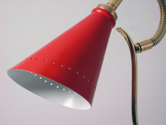 Mid-Century French Red Brass and Marble Gooseneck Table Lamp, 1950s-OE-897846