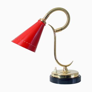 Mid-Century French Red Brass and Marble Gooseneck Table Lamp, 1950s-OE-897846