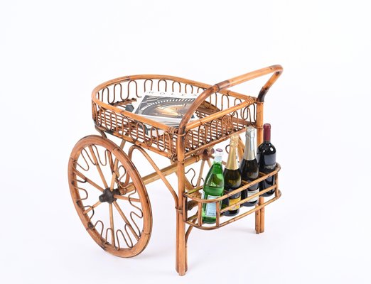 Mid-Century French Riviera Bar Cart in Bamboo and Wicker, 1950s-JDR-1791299