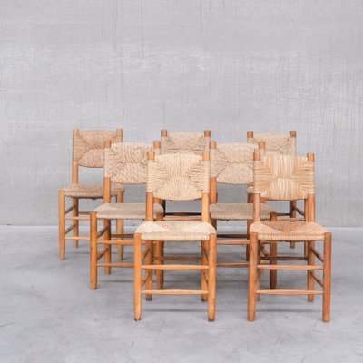 Mid-Century French Rush Model 19 Dining Chairs by Charlotte Perriand, Set of 7-JRP-1311238