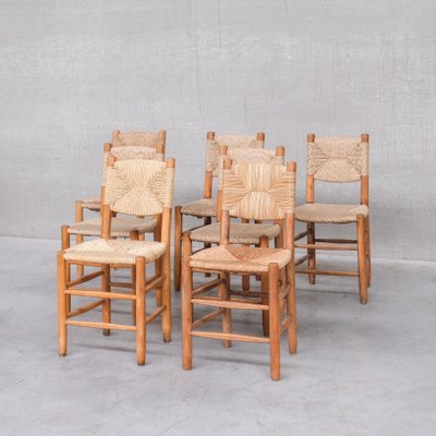 Mid-Century French Rush Model 19 Dining Chairs by Charlotte Perriand, Set of 7-JRP-1311238