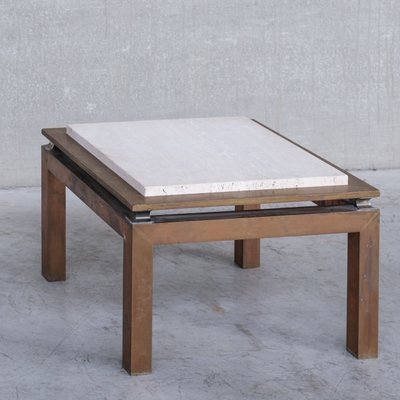 Mid-Century French Side Table in Travertine and Brass-JRP-1253901