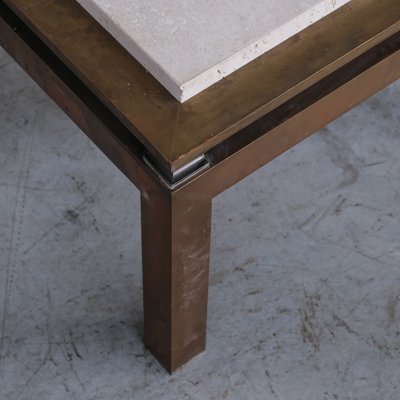 Mid-Century French Side Table in Travertine and Brass-JRP-1253901