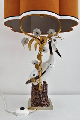 Mid-Century French Table Lamp with Porcelain Crane or Heron and Flowers, 1970s-VNE-1189870