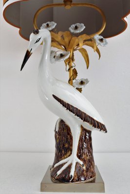 Mid-Century French Table Lamp with Porcelain Crane or Heron and Flowers, 1970s-VNE-1189870