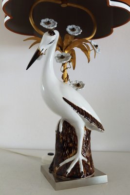 Mid-Century French Table Lamp with Porcelain Crane or Heron and Flowers, 1970s-VNE-1189870