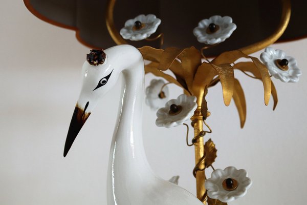 Mid-Century French Table Lamp with Porcelain Crane or Heron and Flowers, 1970s-VNE-1189870