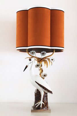 Mid-Century French Table Lamp with Porcelain Crane or Heron and Flowers, 1970s-VNE-1189870