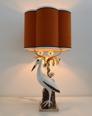 Mid-Century French Table Lamp with Porcelain Crane or Heron and Flowers, 1970s-VNE-1189870