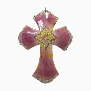 Mid-Century French Wall Jesus Cross in Pink Enameled Copper from Limoges-RIU-1346164