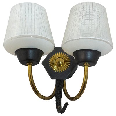 Mid-Century French Wall Sconce with 2-Light Original Glass and Brass, 1940s-RIU-750445