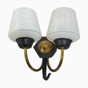 Mid-Century French Wall Sconce with 2-Light Original Glass and Brass, 1940s-RIU-750445