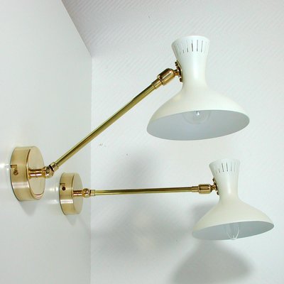 Mid-Century French White Brass Articulating Potence Sconces, 1950s, Set of 2-OE-897895