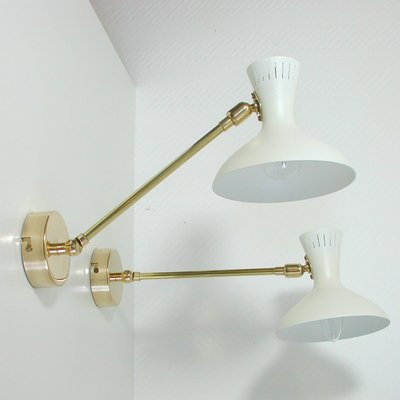 Mid-Century French White Brass Articulating Potence Sconces, 1950s, Set of 2-OE-897895