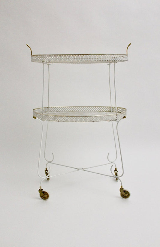 Mid-Century French White Perforated Metal Bar Cart, 1950s