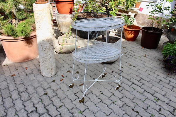 Mid-Century French White Perforated Metal Bar Cart, 1950s-NB-582375