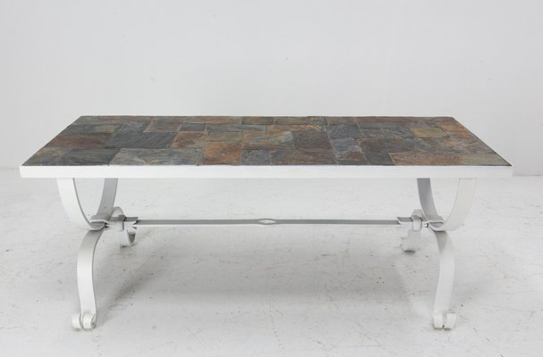 Mid-Century French Wrought Iron & Slate Top Coffee Table-RIU-1141748