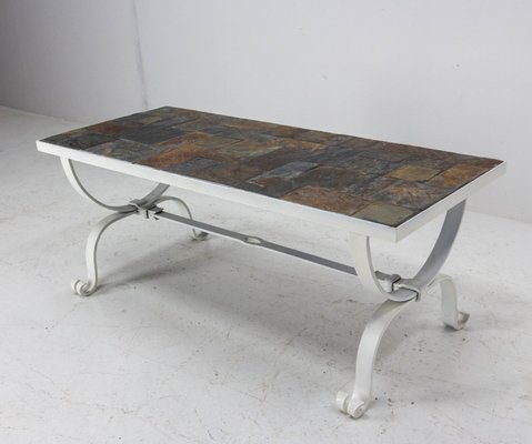 Mid-Century French Wrought Iron & Slate Top Coffee Table-RIU-1141748