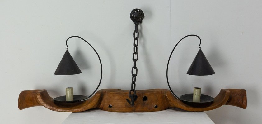 Mid-Century French Yoke Elm Sconces with Iron Double Lamps, Set of 2-RIU-1329301