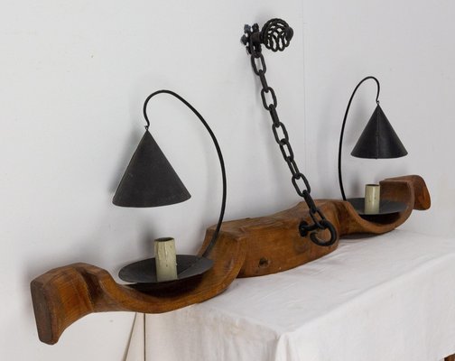 Mid-Century French Yoke Elm Sconces with Iron Double Lamps, Set of 2-RIU-1329301