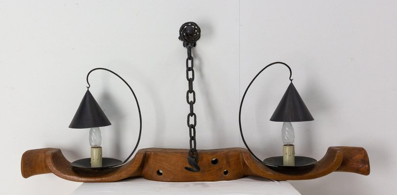 Mid-Century French Yoke Elm Sconces with Iron Double Lamps, Set of 2-RIU-1329301