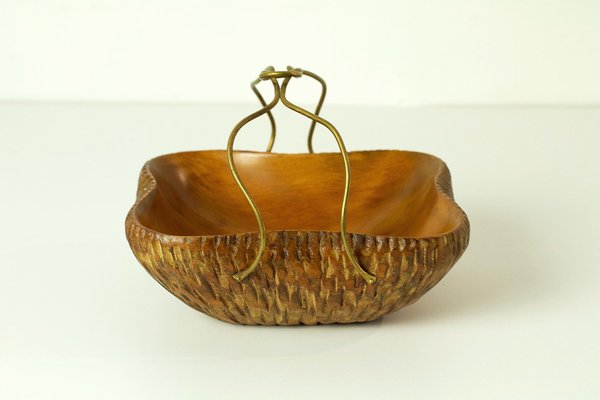 Mid-Century Fruit Basket in Maple and Brass, Italy-FO-1252014