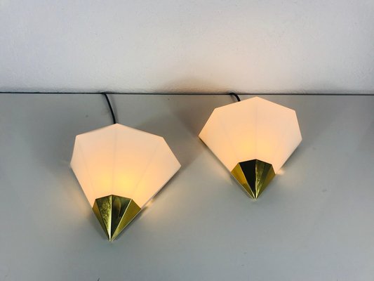 Mid-Century German Brass and Opaline Glass Wall Lamps from Limburg, 1970s, Set of 2-PUK-617895