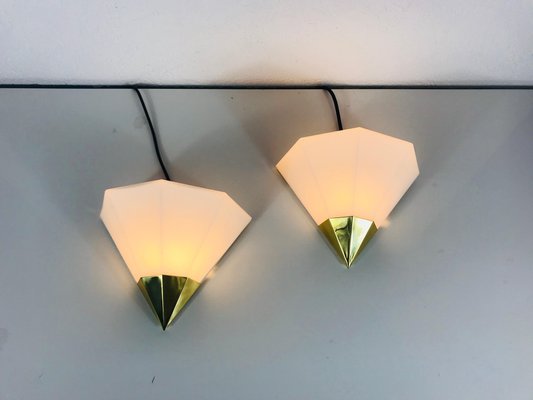 Mid-Century German Brass and Opaline Glass Wall Lamps from Limburg, 1970s, Set of 2-PUK-617895