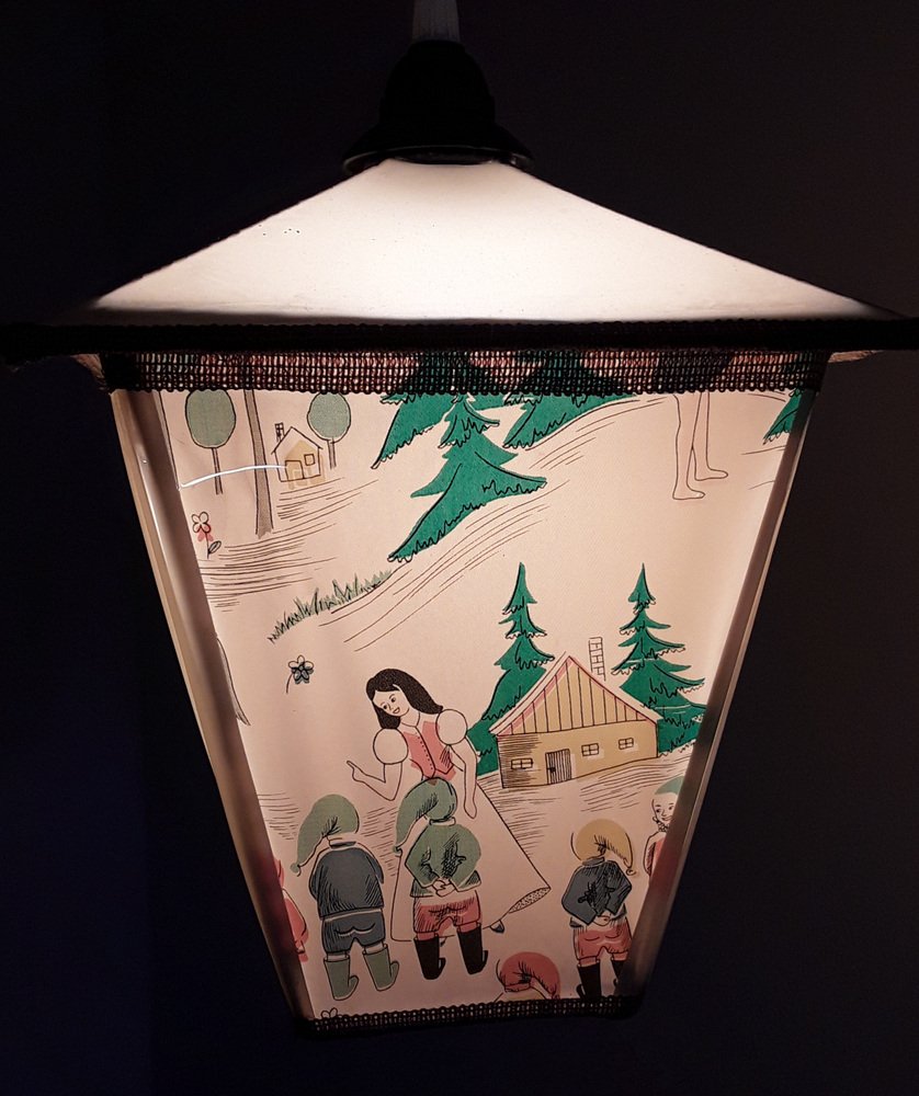 Mid-Century German Ceiling Lamp Childrens Room Lamp with Vinyl-Covered Umbrella with Fairy Tale Scenes, 1950s