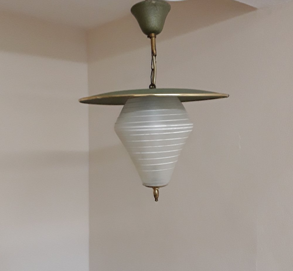 Mid-Century German Ceiling Lamp in Lantern Shape with Green-Painted Metal Parts, 1950s