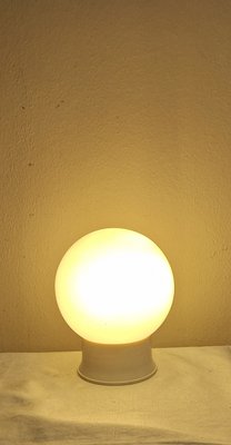 Mid-Century German Ceiling Lamp with Cream-White Plastic Mount and White Spherical Glass Shade, 1950s-HOI-2040251