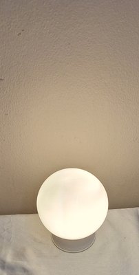 Mid-Century German Ceiling Lamp with Cream-White Plastic Mount and White Spherical Glass Shade, 1950s-HOI-2040251