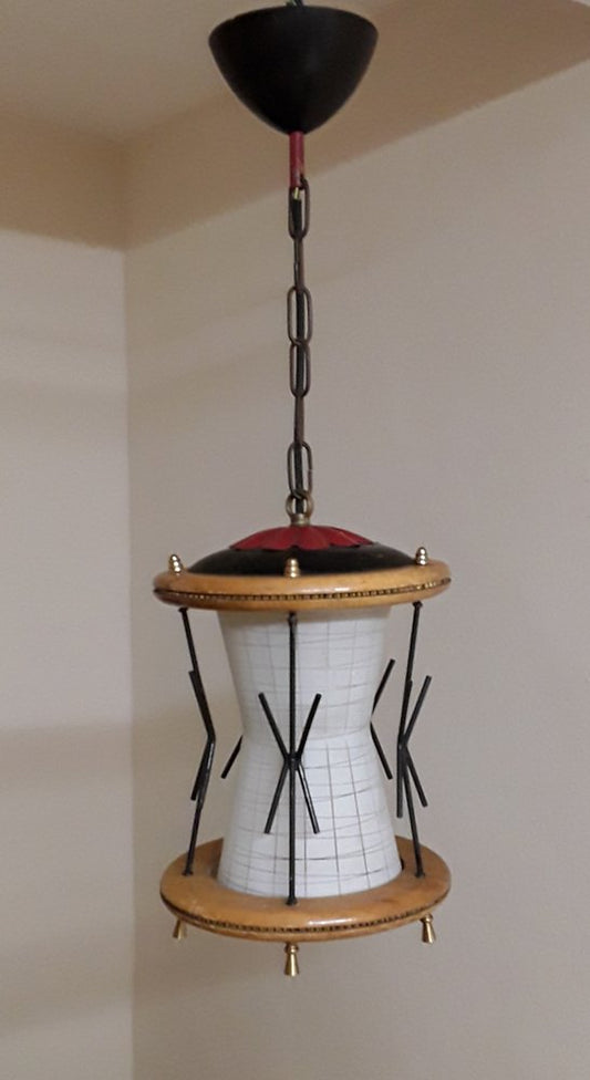 Mid-Century German Ceiling Lamp with Frame Maple Wood, Black Wire and Brass & Cream-White Glass Shade