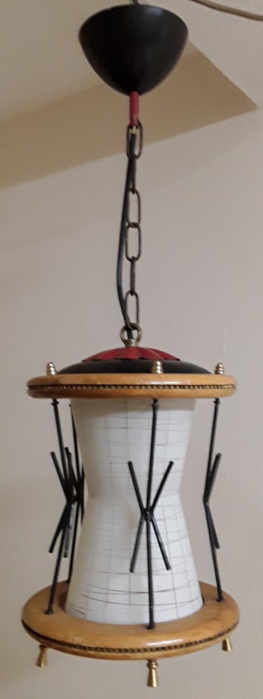 Mid-Century German Ceiling Lamp with Frame Maple Wood, Black Wire and Brass & Cream-White Glass Shade