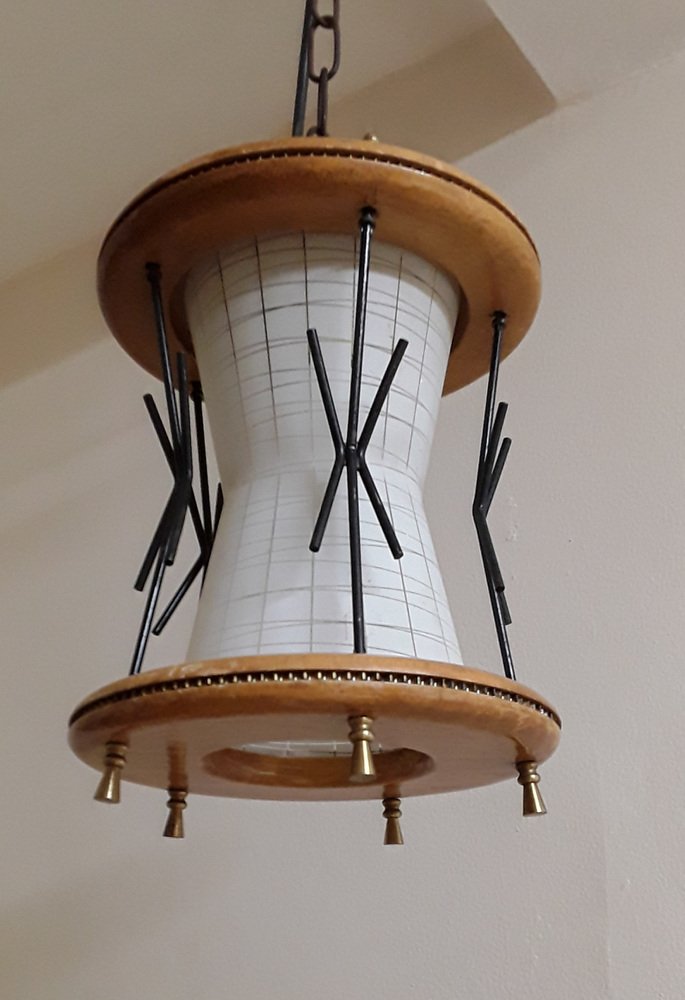 Mid-Century German Ceiling Lamp with Frame Maple Wood, Black Wire and Brass & Cream-White Glass Shade