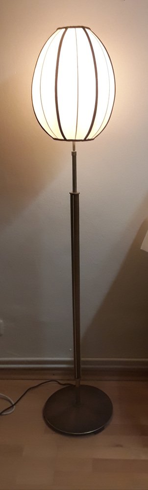 Mid-Century German Floor Lamp with Walnut Veneered Base with Brass Veins and an Egg-Shaped Beige-Brown Fabric Shade, 1960s