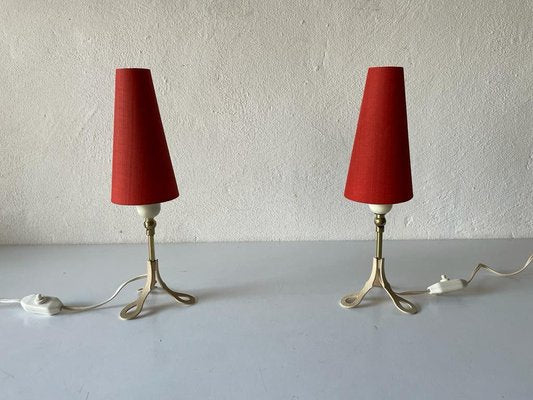 Mid-Century German Red Fabric Shade & White Metal Tripod Bedside Lamps, 1950s-RDS-1191862