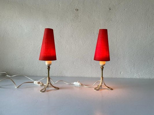 Mid-Century German Red Fabric Shade & White Metal Tripod Bedside Lamps, 1950s-RDS-1191862