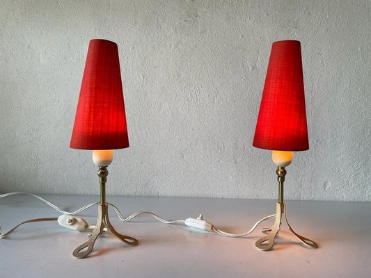 Mid-Century German Red Fabric Shade & White Metal Tripod Bedside Lamps, 1950s-RDS-1191862