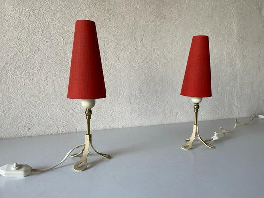 Mid-Century German Red Fabric Shade & White Metal Tripod Bedside Lamps, 1950s-RDS-1191862