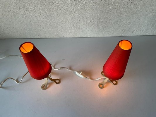 Mid-Century German Red Fabric Shade & White Metal Tripod Bedside Lamps, 1950s-RDS-1191862