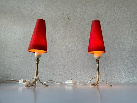 Mid-Century German Red Fabric Shade & White Metal Tripod Bedside Lamps, 1950s-RDS-1191862