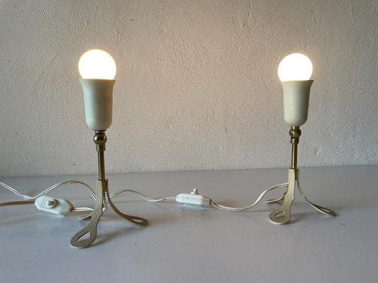 Mid-Century German Red Fabric Shade & White Metal Tripod Bedside Lamps, 1950s-RDS-1191862