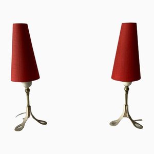 Mid-Century German Red Fabric Shade & White Metal Tripod Bedside Lamps, 1950s-RDS-1191862